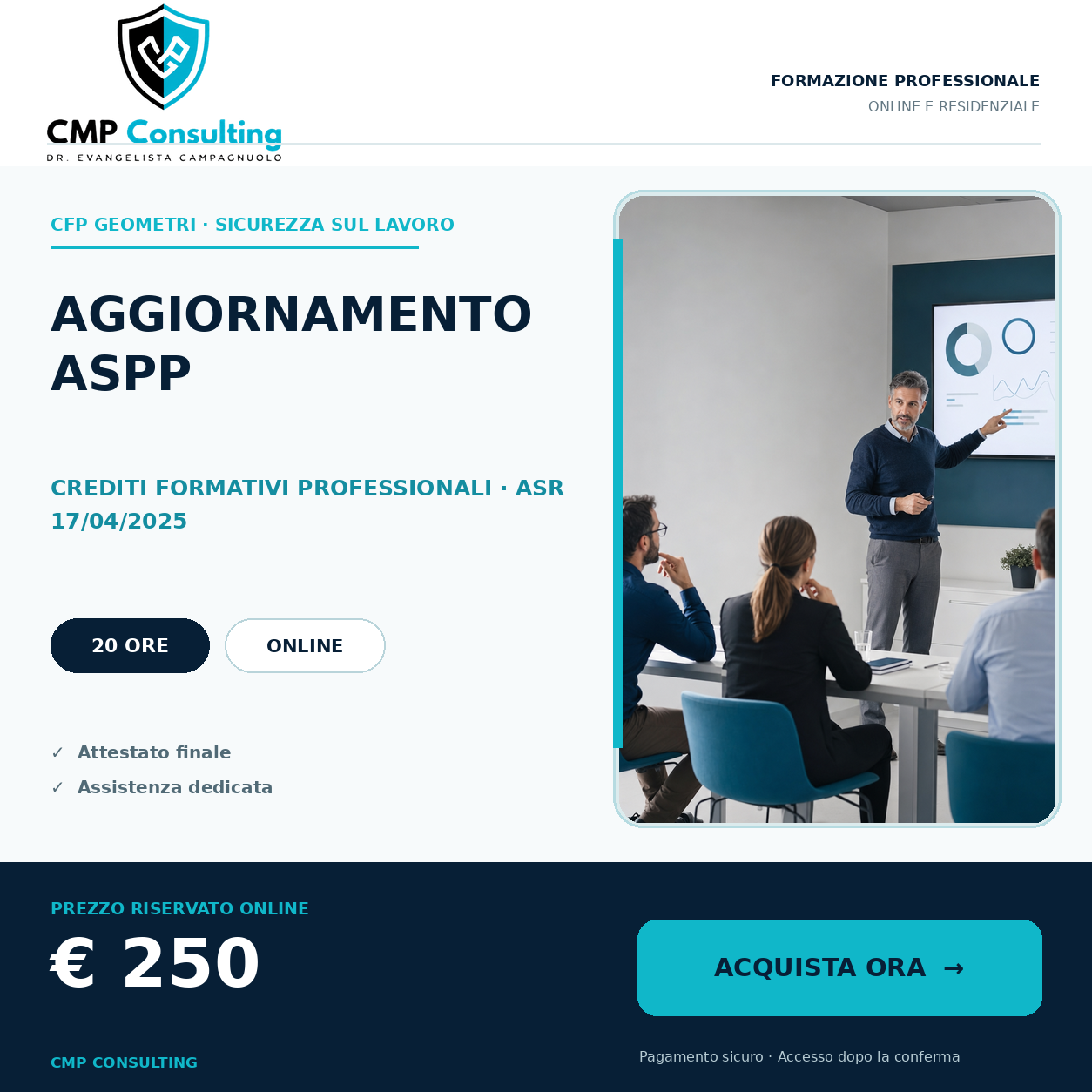 Grafica del corso CFP Geometri - Corso di aggiornamento per ASPP (20 ore) - ASR 17/04/2025