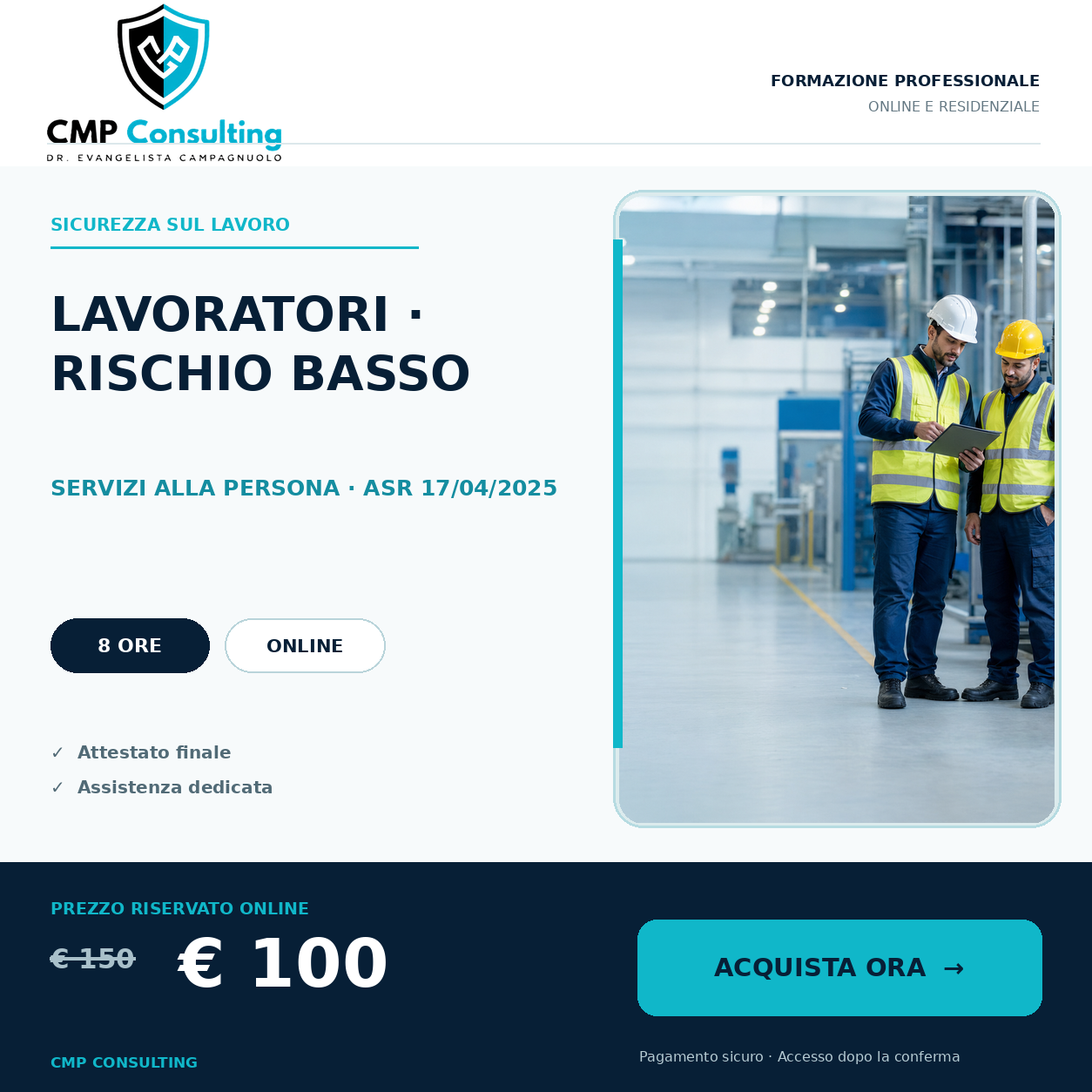 Grafica del corso Corso di formazione per lavoratori - generale e specifica rischio basso - altre attività di servizi alla persona N.C.A. (8 ore) - ASR 17/04/2025